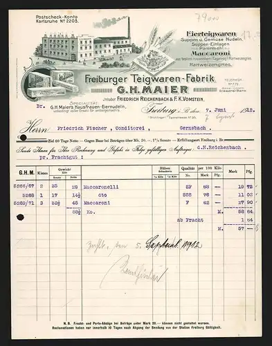 Rechnung Freiburg i. B. 1912, G. H. Maier, Freiburger Teigwaren-Fabrik, Fabrik- und Produktansichten