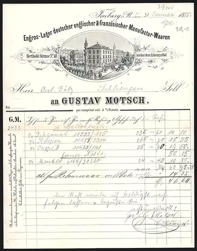 Rechnung Freiburg i. B. 1885, Gustav Motsch, Engros-Lager dt., eng. & fr. Manufactur-Waaren, Betrieb Berthold-Str. 48