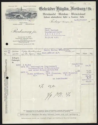 Rechnung Freiburg i. B. 1937, Gebrüder Hüglin, Weinhandel, -bau & -einkauf, Werksansicht vor einer Kirche