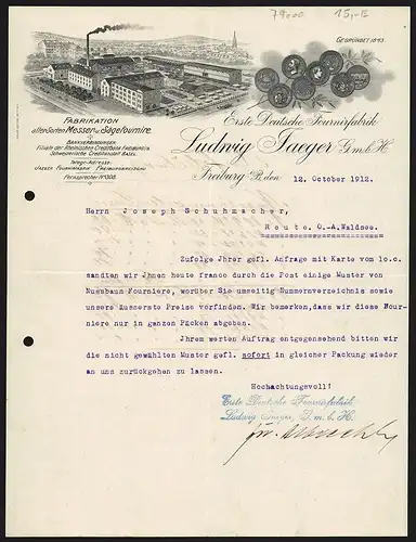 Rechnung Freiburg i. B. 1912, Ludwig Jaeger GmbH, Fournirfabrik, Blick auf das Fabrikgelände und Auszeichnungen