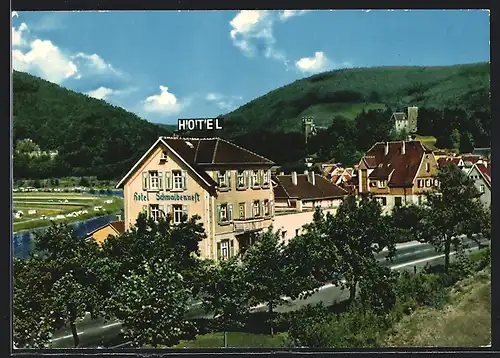 AK Neckarsteinach, Hotel Schwalbennest gegen Hügelpanorama, Inh. Anna Reinhard u. Sohn