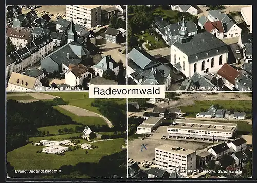 AK Radevormwald, Kath. Kirche St. Marien, Ev. Luther-Kirche, Evang. Jugendakademie, Rathaus mit Geschw. Schollschule