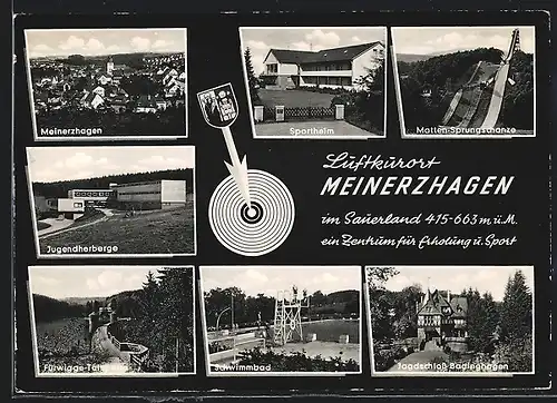 AK Meinerzhagen im Sauerland, Ortsansicht, Jugendherberge, Sportheim, Schwimmbad, Jagdschloss Badinghagen