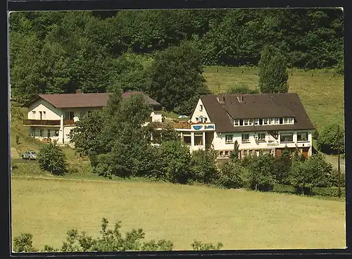AK Knüllwald-Reddingshausen, Pension-Café-Restaurant Haus Sonnenblick, Ansicht hinter Bäumen
