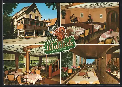 AK Gras-Ellenbach, Café-Pension Waldeck, Innen- und Aussenansichten, Inh. Werner Zander