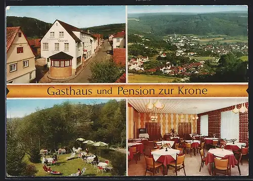 AK Frankfurt-Höchst, Gasthaus und Pension zur Krone, Innen-und Aussenansicht, Ortsansicht aus der Ferne