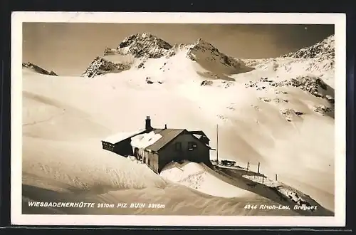 AK Wiesbadenerhütte, Berghütte im Winter aus der Vogelschau