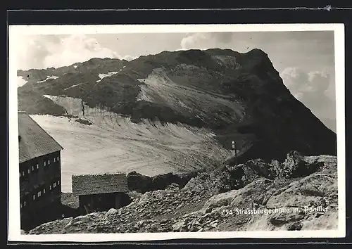 AK Strassburgerhütte, Berghütte mit Panüler aus der Vogelschau
