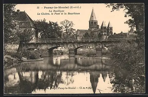 AK Paray-le-Monial, La Basilique, Le Cloitre, le Pont et la Bourbince