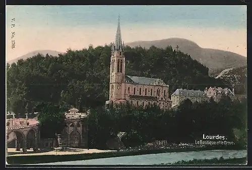 AK Lourdes, La Basilique et la Gave