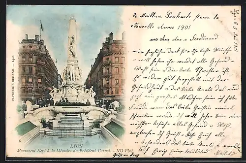 AK Lyon, Monument elvé à la Mémoire du Président Carnot