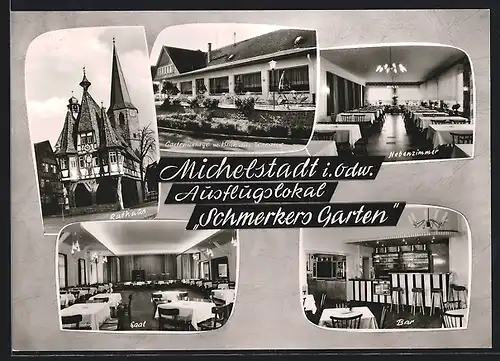 AK Michelstadt / Odw., Restaurant Schmerkers Garten, Innenansicht der Bar mit Saal, Rathaus