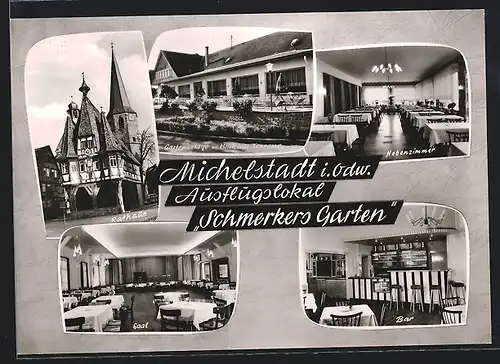 AK Michelstadt / Odw., Restaurant Schmerkers Garten, Innenansicht der Bar mit Saal, Rathaus