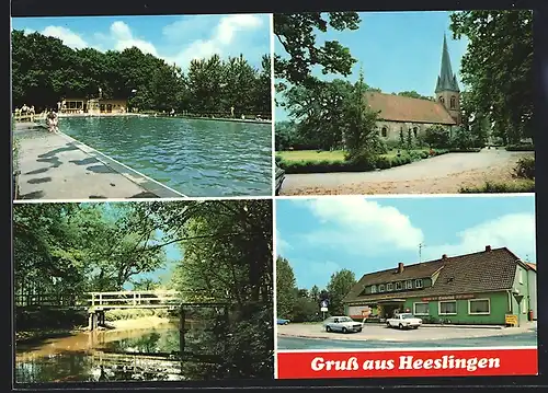 AK Heeslingen, Schwimmbad, Blick nach der Kirche, Partie am Bach, Feinkosthaus und Gaststätte Bargfrede