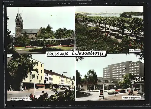 AK Wesseling am Rhein, Flach-Fenglerstrasse mit Geschäften, Kirche, Rheinpartie