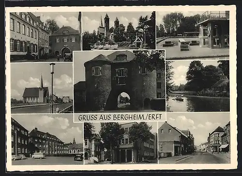 AK Bergheim /Erft, Strassenpartie mit Geschäften, Tor, Kirche