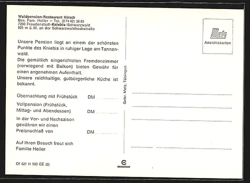 AK Freudenstadt-Kniebis /Schwarzwald, Waldpension-Restaurant Hirsch Fam. Heiler, Innenansicht, Ortspartie