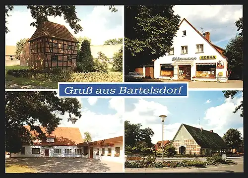 AK Bartelsdorf / Scheessel, Gasthaus Ehlermann mit Edeka-Geschäft, Rückansicht, Strassenpartie