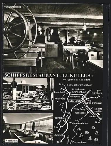 AK Stuttgart-Bad Cannstatt, Schiffsrestaurant Lukullus, Innenansicht vom Speiseraum