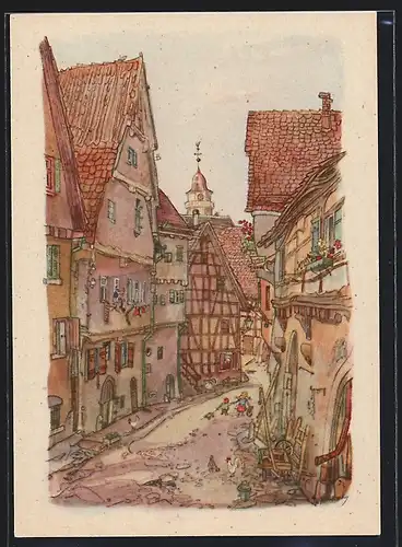 Künstler-AK Leonberg / Württ., Blick in die Schmalzgasse