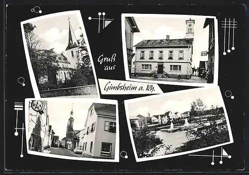 AK Gimbsheim a. Rh., Strassenpartie mit DEA Geschäft, Kirche, Parkpartie mit Springbrunnen
