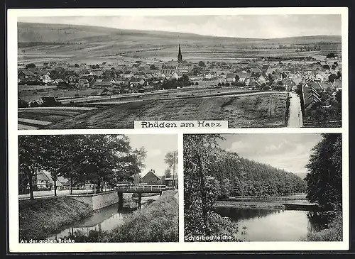 AK Rhüden /Harz, Panorama, Schlörbachteiche, Ortspartie an der grossen Brücke