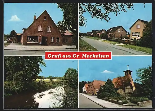 AK Gr. Meckelsen, Strassenpartie mit Wohnhäusern, Geschäft, Wasserpartie