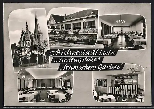 AK Michelstadt i. Odw., Gasthaus Schmerkers Garten, Innenansichten Saal u. Bar