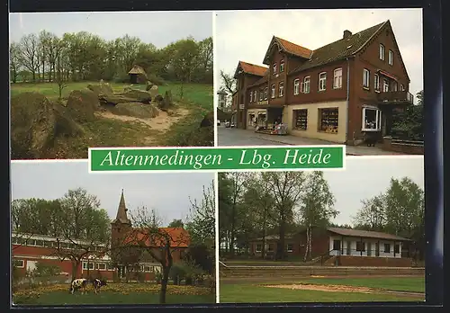 AK Altenmedingen /Lbg. Heide, Edeka Markt, Kühe weiden vor der Kirche, Steinformation