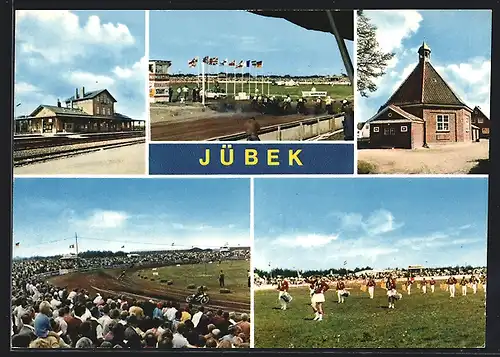 AK Jübek, Ortsansichten mit Rennbahn u. Bahnhof