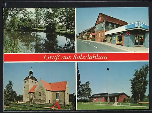 AK Wolfenbüttel-Salzdahlum, Kirche, Ortspartie mit Gebäudeansicht, Geschäft