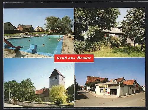 AK Denkte, Badespass im Freibad, Blick nach der Kirche, Strassenpartie mit Edeka-Markt