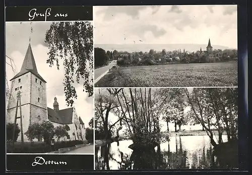 AK Dettum, Strassenpartie mit Kirche, Partie am Wasser, Ortsansicht