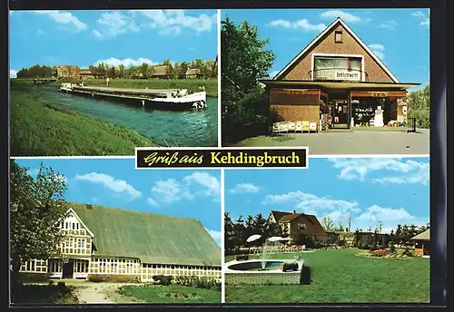 AK Kehdingbruch /Niederelbe, IFA Gemischtwarenladen, Frachtdampfer, Gartenpartie