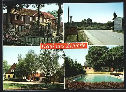 AK Zicherie /Krs. Gifhorn, Schwimmbecken, Denkmal, Strassenpartie