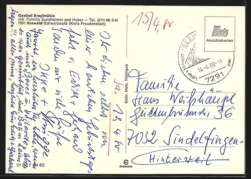 AK Seewald /Schwarzwald, Gasthof Kropfmühle Familie Sundheimer und Huber