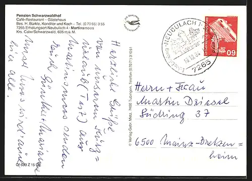AK Neubulach-Martinsmoos /Krs. Calw, Pension Schwarzwaldhof H. Bürkle, Rückansicht, Eingangsschild