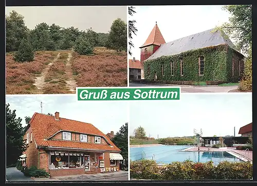 AK Sottrum / Rotenburg, Gemischtwarenladen, Kirche, Freibad