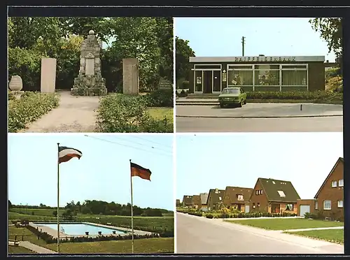 AK Hohenaspe bei Itzehoe, Raiffeisenbank, Freibad, Kriegerdenkmal