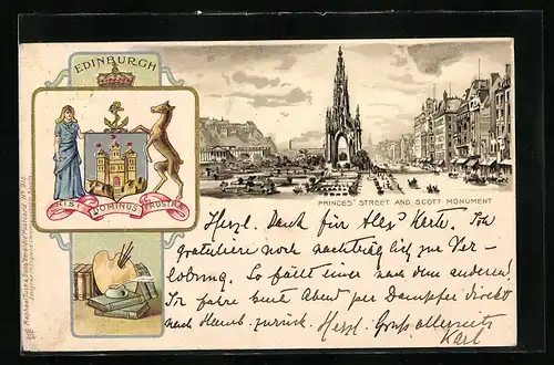 Präge-Lithographie Edinburgh, Princes` Street and Scott Monument