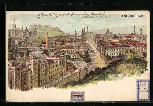 Lithographie Edinburgh, Ortsansicht aus der Vogelschau