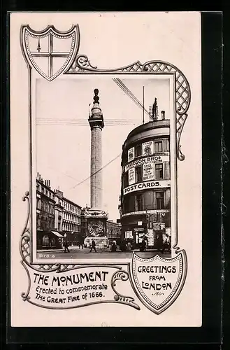 AK London, The Monument, Davidson Bros Post Cards Shop