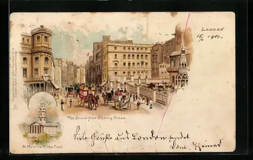 Lithographie London, The Strand from Charing Cross, St. Martin`s in the Field