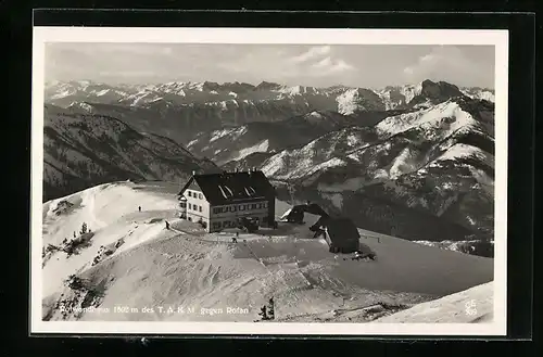 AK Rotwandhaus, Berghütte des T. A. K. M. im Schnee gegen Rofan