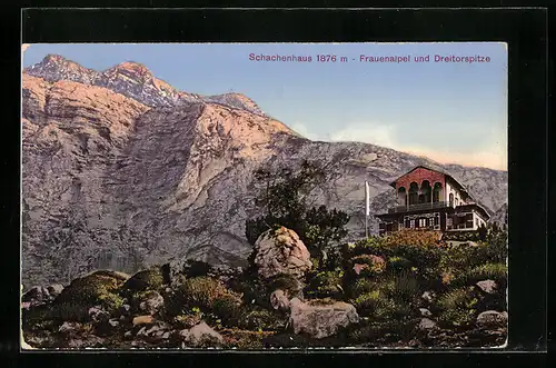 AK Schachenhaus, Berghütte mit Frauenalpel und Dreitorspitze