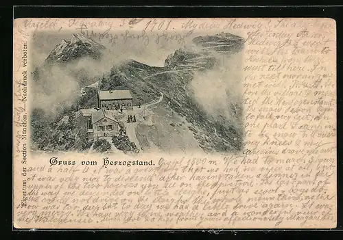 AK Herzogstand, Berghütte und Panorama