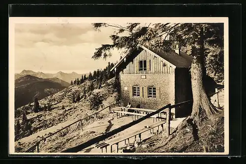 AK Pfrontner Hütte, Berghütte a. d. Edelsberg mit Geishorn, Hochvogel und Ponten