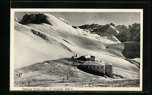 AK Edmund Probst-Haus, Berghütte mit Seekopf im Schnee