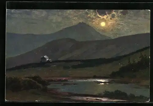 AK Prinz-Heinrich-Baude, Berghütte vom Silberkamm aus gesehen bei Mondschein