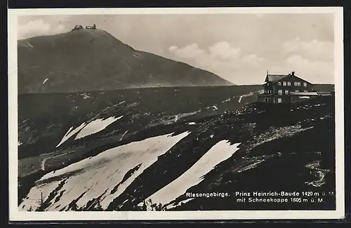 AK Prinz Heinrich-Baude mit Schneekoppe im Riesengebirge